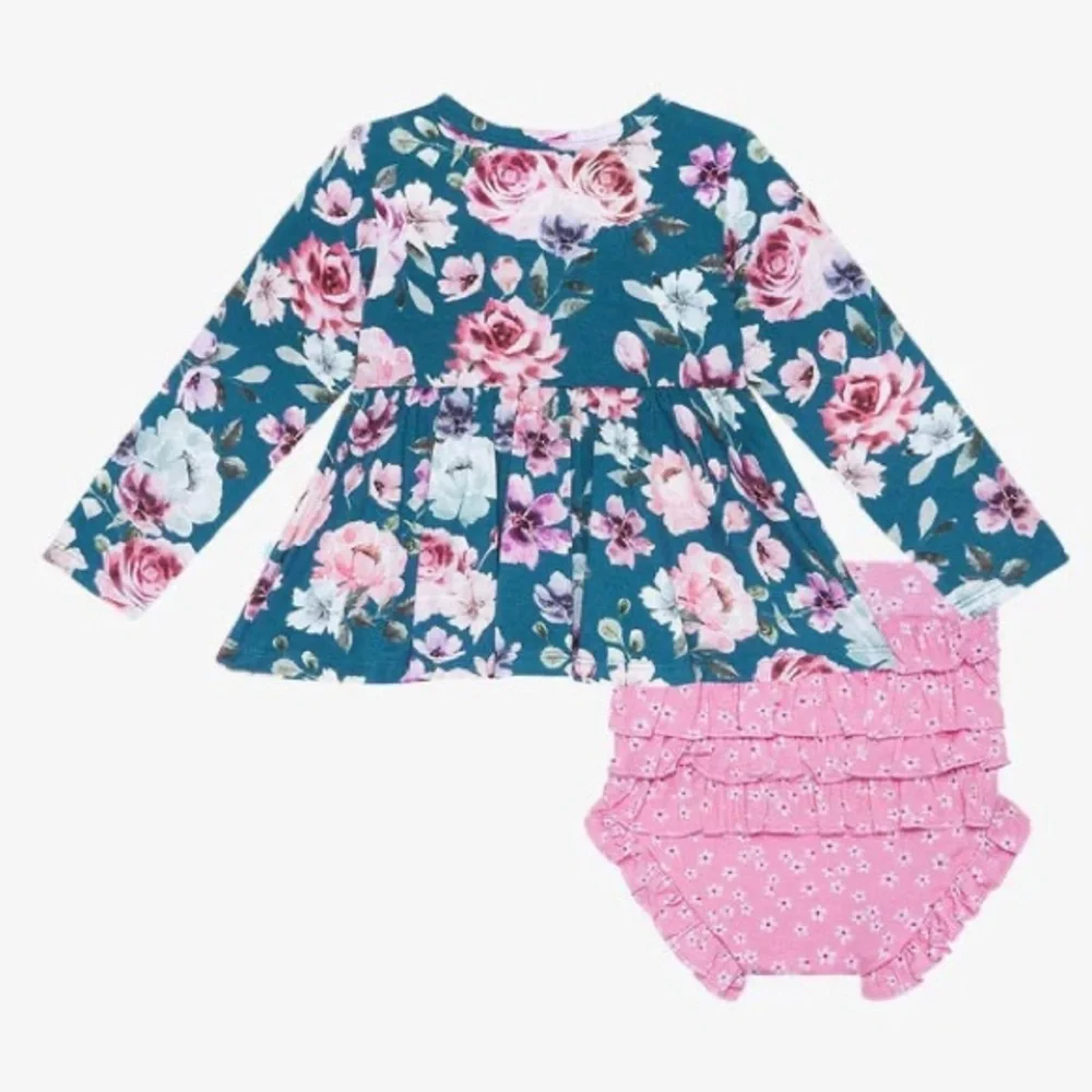 NWT Posh Peanut Keisha Long Sleeve Henley Peplum Top & Bloomer Set 12-18M